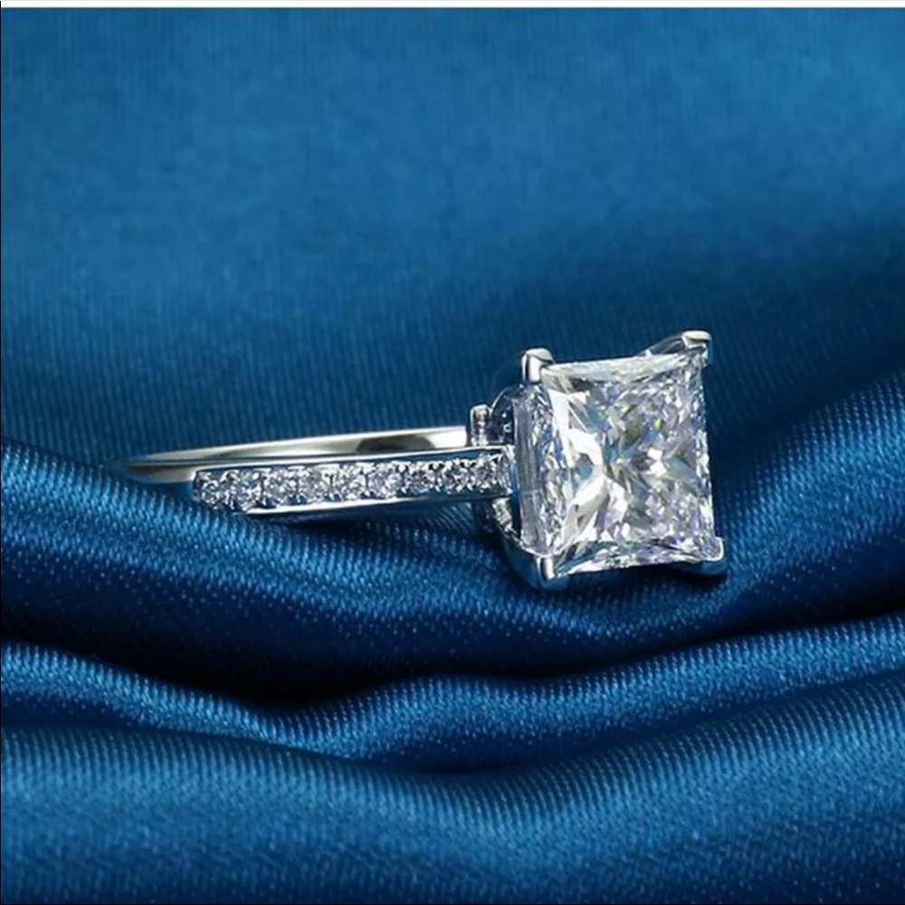 14K' White Princess Square Diamond Engagement Ring - Picture 2 of 6
